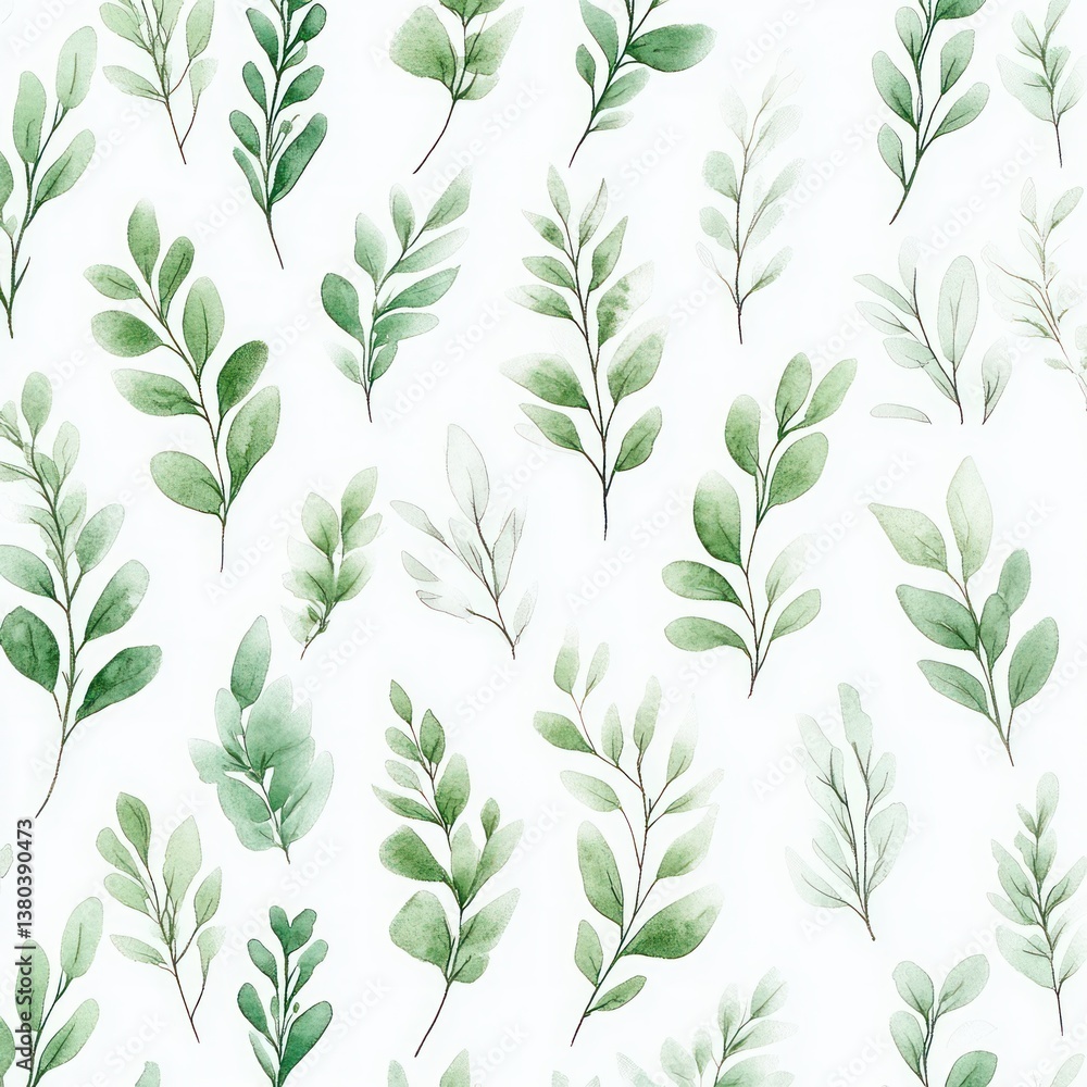 Seamless Pattern of Delicate Green Leaves and Plants in Soft Watercolor Style for Wallpaper and Textile Decoration Seamless Pattern of Delicate Green Leaves and Plants in Soft Watercolor Style for Wallpaper and Textile Decoration