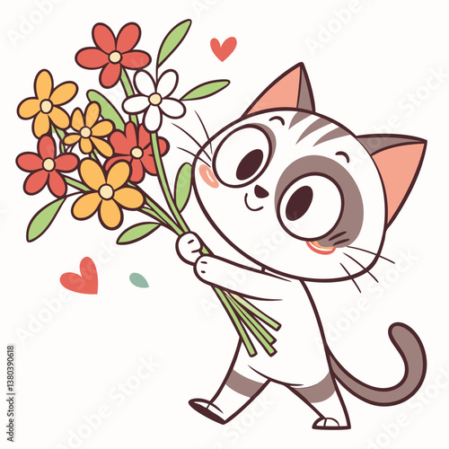 cute cat bring bouquet of flower with white background