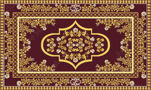 Luxury Persian rug with intricate golden floral patterns,Inspired by Royal Persian,Ottoman,Moroccan designs.Perfect for interior decoration, Islamic art,and Middle Eastern aesthetics,Persian carpet.