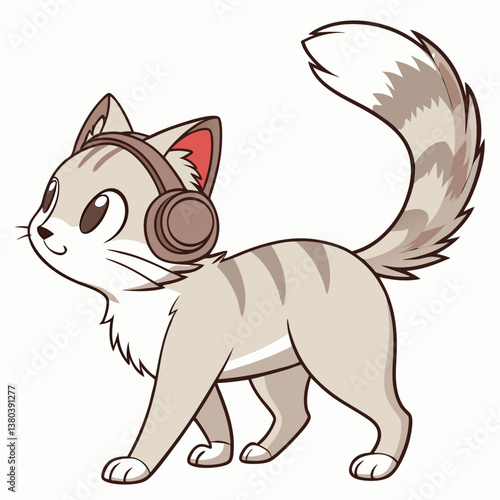 cute cat wearing headset, chill style, and walking in white background