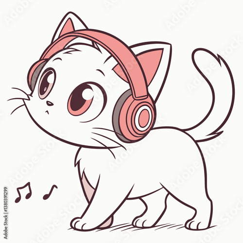 cute cat wearing headset, chill style, and walking in white background