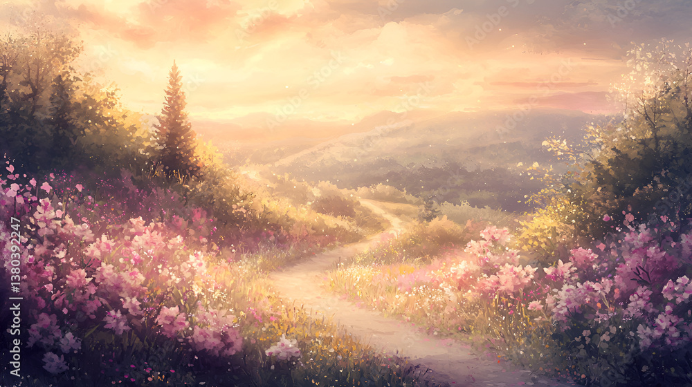 Naklejka premium Watercolor Scene of Countryside Pathway at Sunset