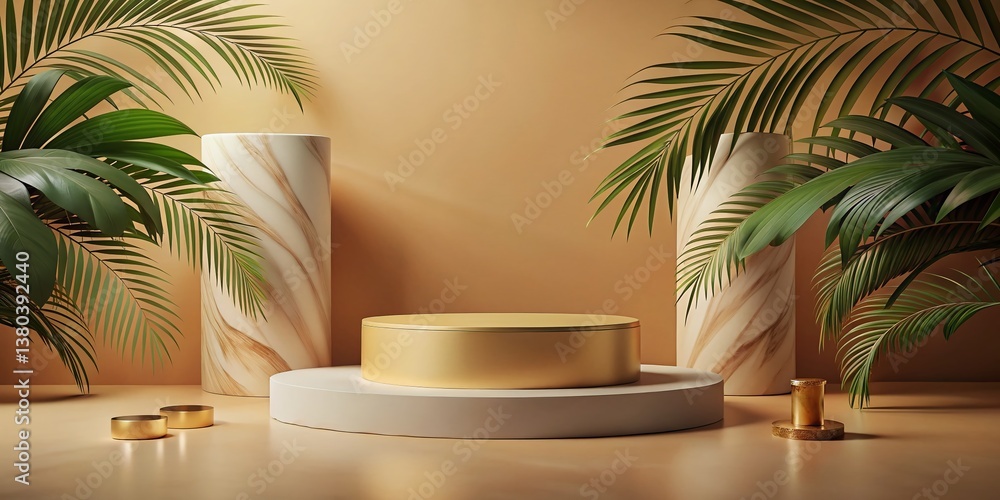 Fototapeta premium Luxury Palm Shadow Branding Mockup: Marble & Brown Paper Podium Background