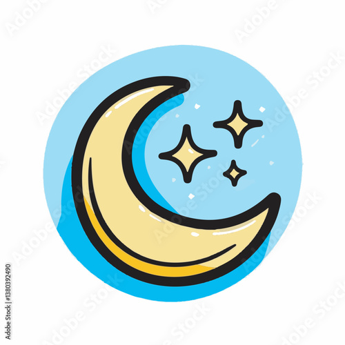 Crescent moon shines brightly beside stars in blue night circle
