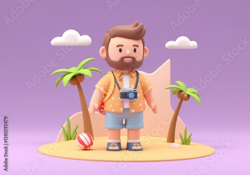 Playful cartoon tourist on tropical island with camera and palm trees