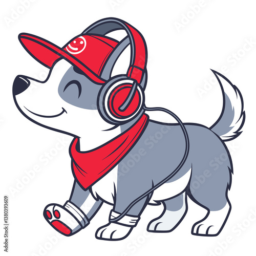 cute dog wearing headset, chill style, and walking in white background