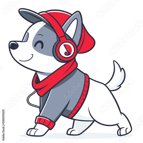 cute dog wearing headset, chill style, and walking in white background