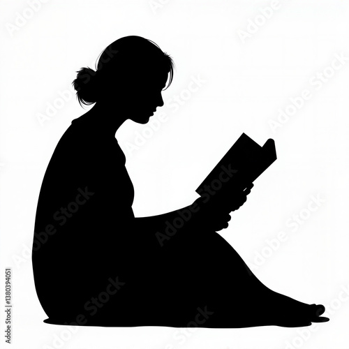 Woman reading a book in silhouette against a plain background  