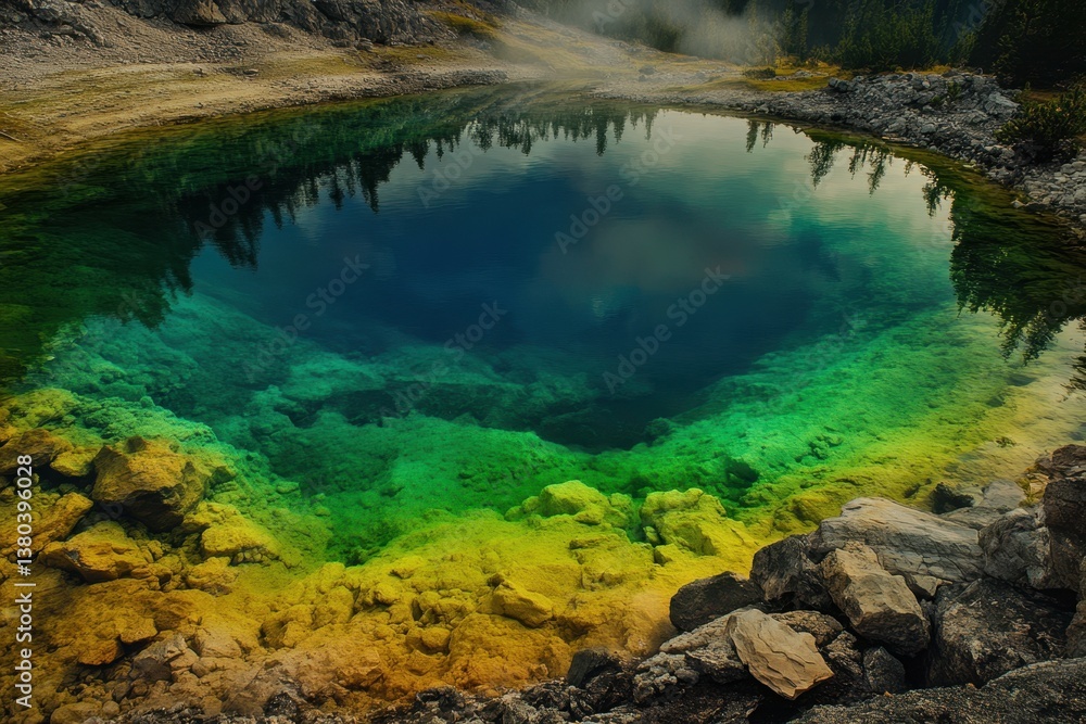 Fototapeta premium Vibrant geothermal pool in a serene natural landscape surrounded by rocky terrain