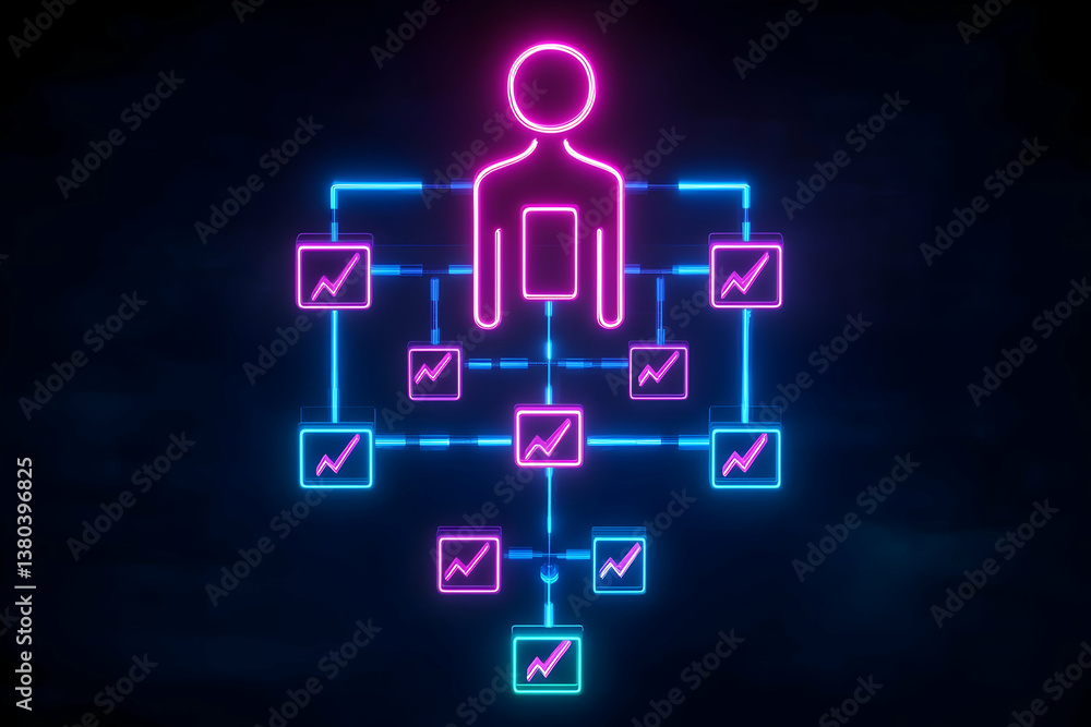 Fototapeta premium Neon human figure with connected graph nodes on dark background