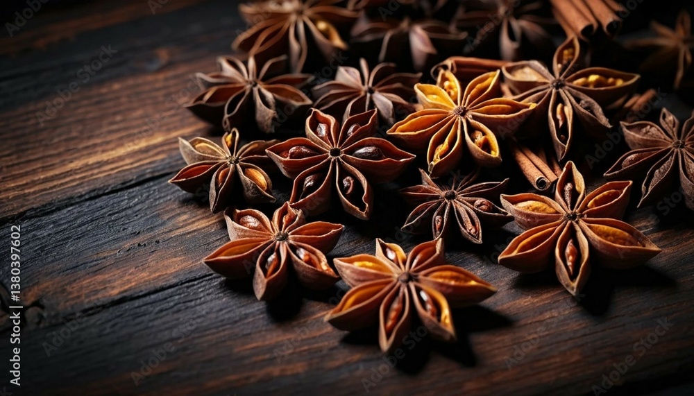 Fototapeta premium Dark Rustic Wood Background with Star Anise and Cinnamon Sticks