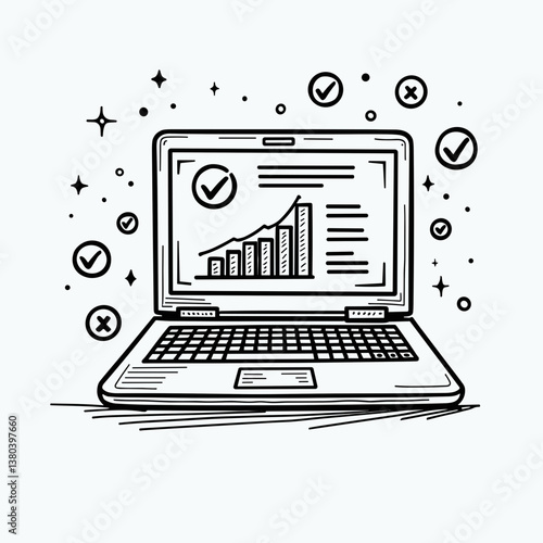 Laptop outline illustration, analytical style, data visualization, copy space