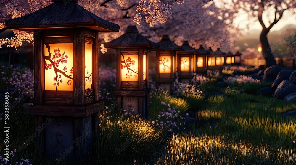 Fototapeta premium Cherry blossom lantern festival park night scene tranquil scenic view japanese culture