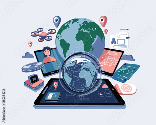 vector illustrative poster that celebrates global communication technology . Showcase a world travel by advanced communication systems.
