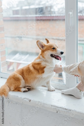 A playful and cheerful Corgi is having an enjoyable time on a sunny day while lounging indoors by the window, accompanied by a loving companion who brings joy and warmth to its day