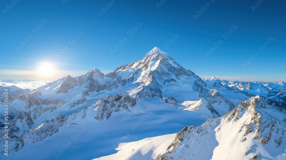 Majestic snow capped mountain peak reaching up towards the clear blue sky on a crisp cold winter day This stunning peaceful landscape invokes a sense of adventure and awe in the remote Majestic snow capped mountain peak reaching up towards the clear blue sky on a crisp cold winter day This stunning peaceful landscape invokes a sense of adventure and awe in the remote