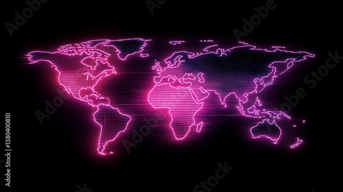 Fototapeta Naklejka Na Ścianę i Meble -  A glowing neon wireframe digital world map on black background