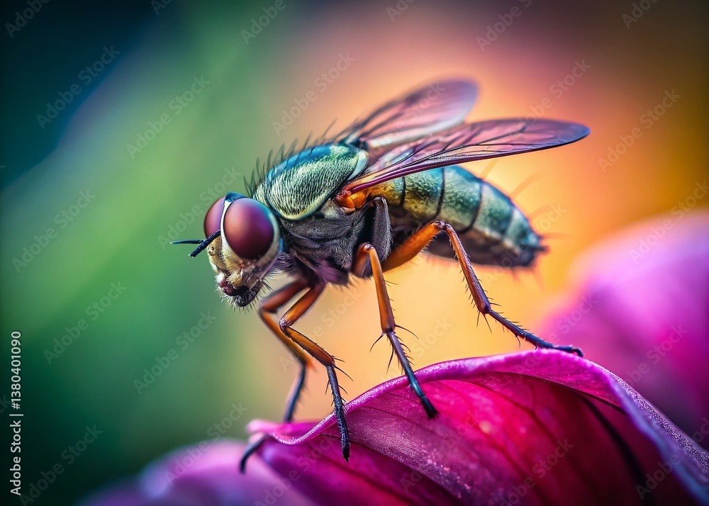 Macro Fly on Flower Petal: Vibrant Insect Close-up in Nature's Wild Beauty Macro Fly on Flower Petal: Vibrant Insect Close-up in Nature's Wild Beauty