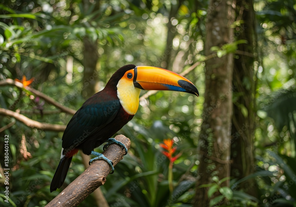 Fototapeta premium Vibrant Toucan Bird Perched on Branch in Lush Rainforest, Wildlife Photography, Tropical Bird.