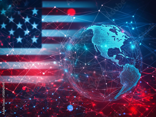 abstract cybernetic usa flag with a global network and technological