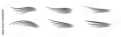 Flowing wind motion line. Air logo wave. Air movement and gust symbol pack. Vector