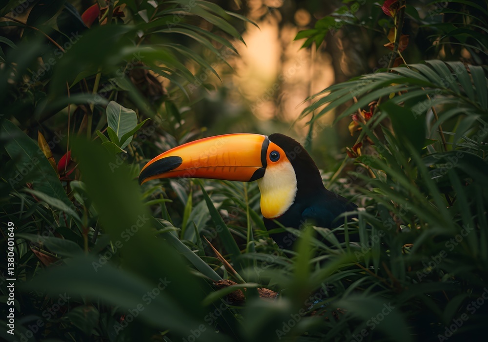Fototapeta premium Stunning Close-Up of a Toucan Bird in Lush Green Rainforest Foliage - Nature Photography.