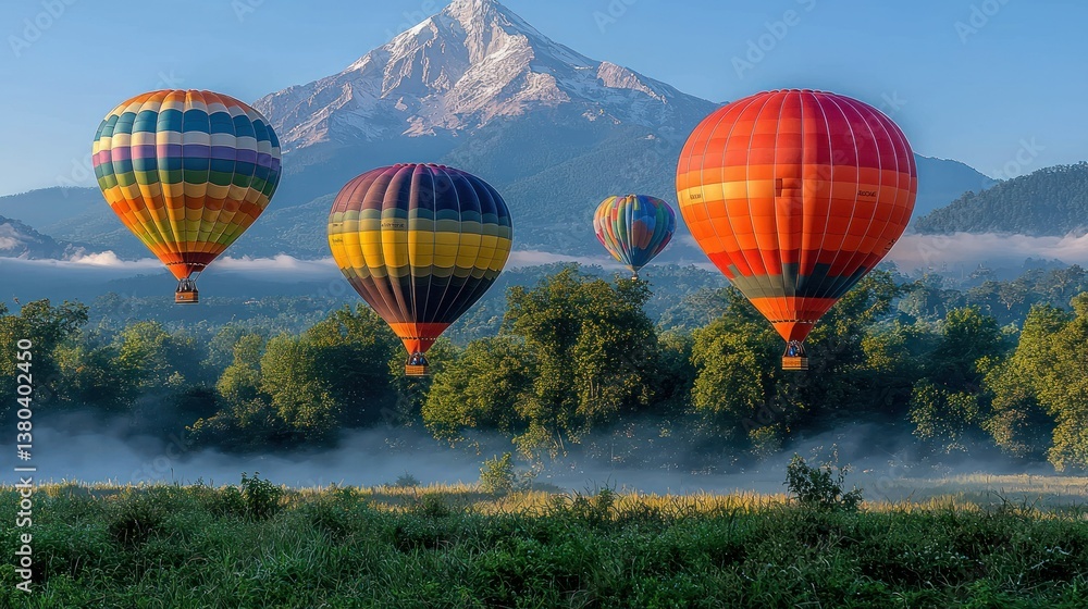 Naklejka premium Majestic Hot Air Balloons Soaring Over Misty Mountain Valley