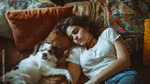 A young woman and her dog enjoy a peaceful nap together on a cozy couch surrounded by colorful pillows in a serene living room, creating a warm and tranquil atmosphere.