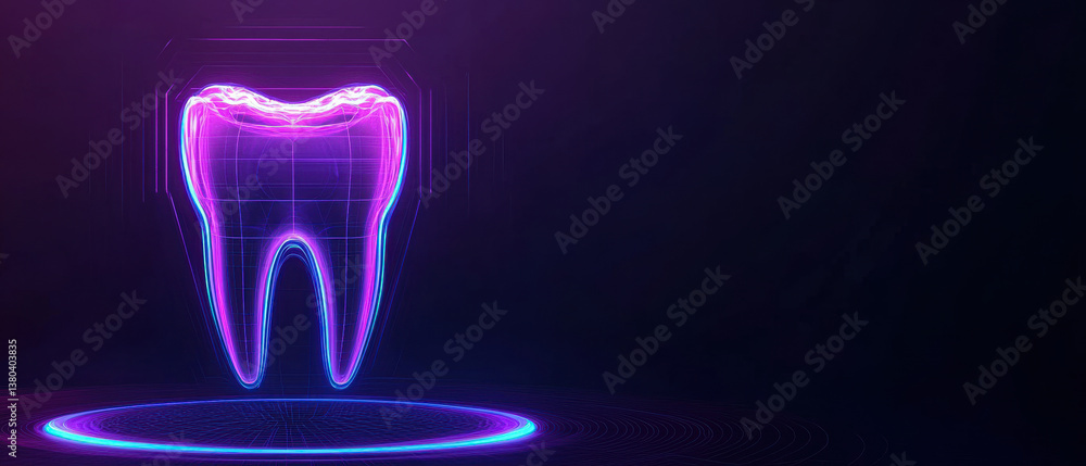Digital illustration of a stylized tooth in neon colors on a dark background. Digital illustration of a stylized tooth in neon colors on a dark background.