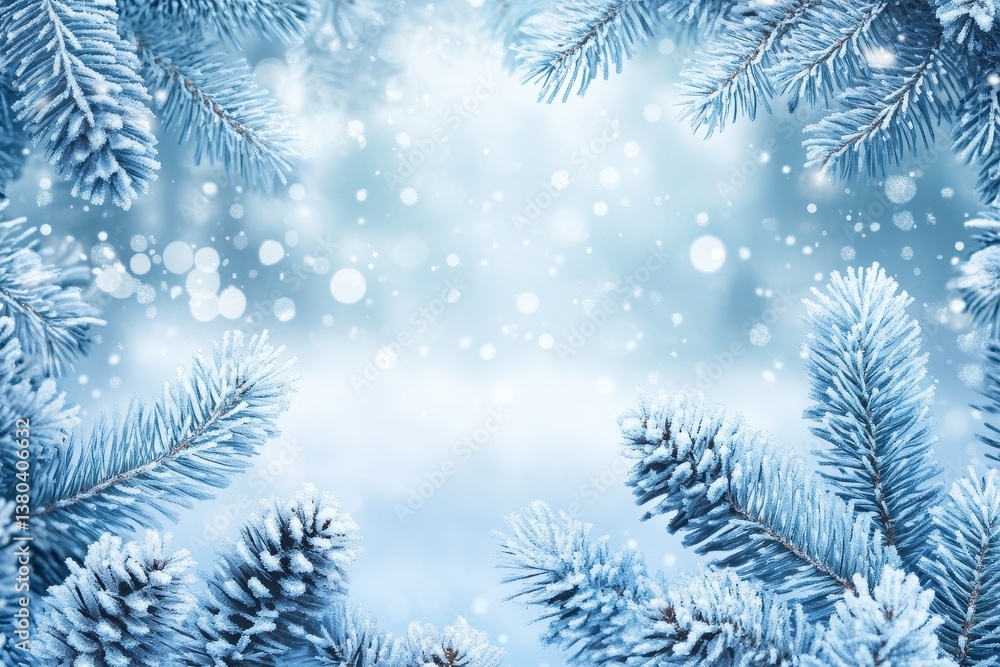 Frosted Pine Branches with Snowflakes on Light Blue Gradient Background Representing Winter Season Christmas Holiday and Festive Atmosphere