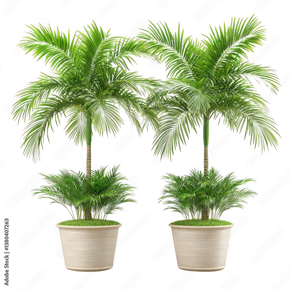 Obraz premium Two elegant palm trees potted together in a decorative container against a transparent background for tropical vibes