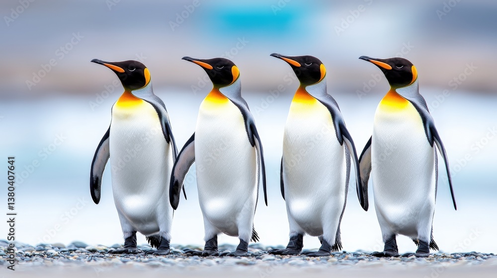 Fototapeta premium Four penguins walking in a line on a rocky beach, showcasing their distinctive black and white feathers with vibrant orange accents.