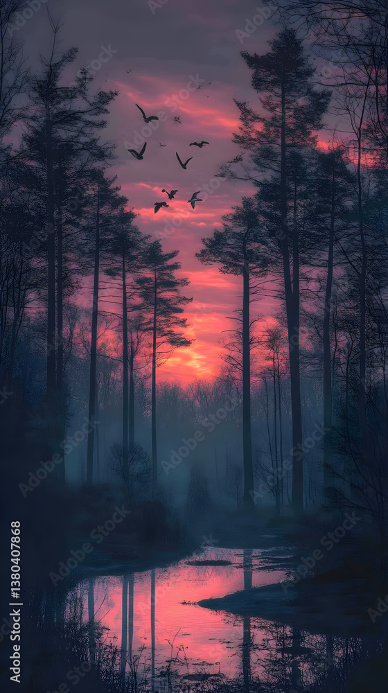 Fototapeta premium Majestic Forest Twilight: Experience the Magic of Nature's Evening Glow with Soaring Birds and Shimmering Stream