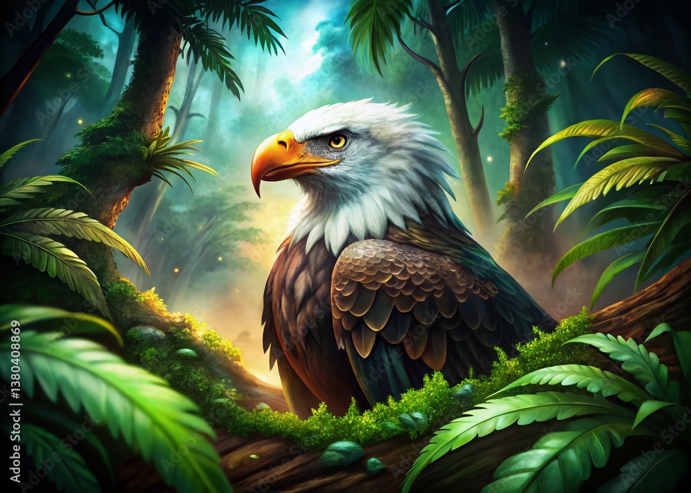 Majestic Bald Eagle in Tropical Jungle - Powerful Bird of Prey in Lush Greenery Majestic Bald Eagle in Tropical Jungle - Powerful Bird of Prey in Lush Greenery
