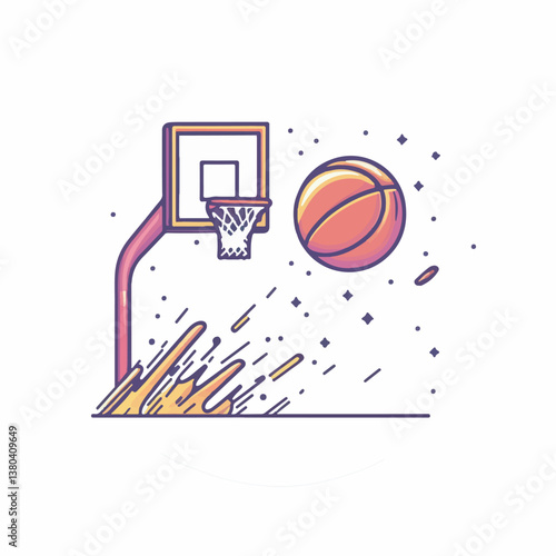 Basketball scores points near hoop in simple graphic design