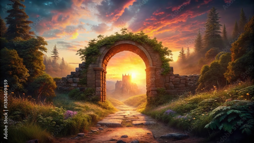 Fototapeta premium Majestic Castle Sunset Archway - Fantasy Landscape Stock Photo