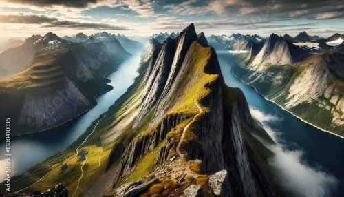 Segla mountain towering over a fjord in senja, norway, under a cloudy sky