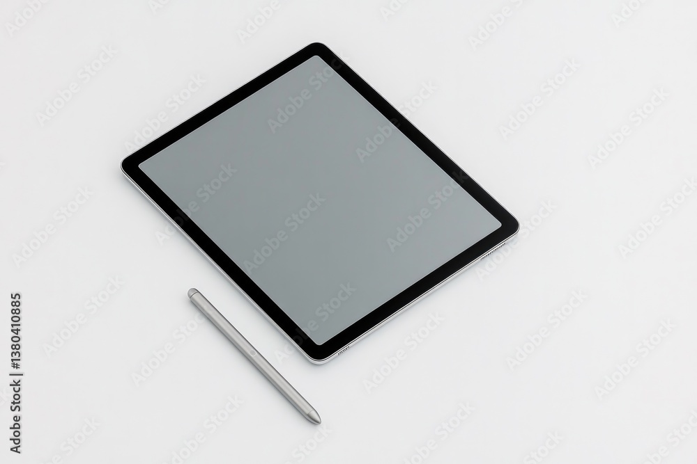 Sleek tablet on minimalist surface with stylus beside, ready for Sleek tablet on minimalist surface with stylus beside, ready for