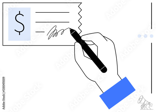 Hand holding pen signing check with dollar figure, horizontal lines. Elegant financial activity design. Ideal for finance, payment, banking, accounting, contracts, business operations flat simple