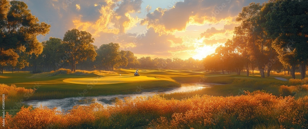 Obraz premium Senior Man Enjoying Golf Playing with Cart and Clubs on a Sunny Day