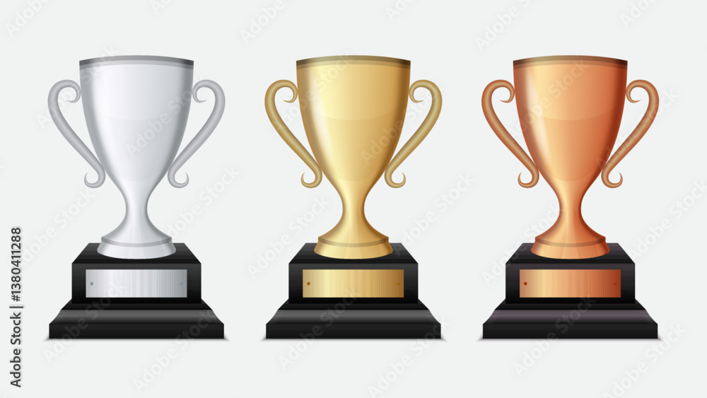 Champion Cup Vector Set: Blank Golden, Silver, and Bronze Trophies – Perfect for Sports Tournament Awards and Victory Designs Champion Cup Vector Set: Blank Golden, Silver, and Bronze Trophies – Perfect for Sports Tournament Awards and Victory Designs