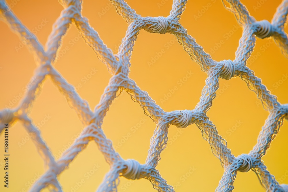 A close-up of a soccer net with intricate knots and woven threads, set against a bright yellow and orange gradient background A close-up of a soccer net with intricate knots and woven threads, set against a bright yellow and orange gradient background