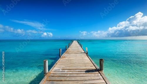 wooden pier on a tropical beach with calm blue caribbean sea water on a sunny day dominican republic