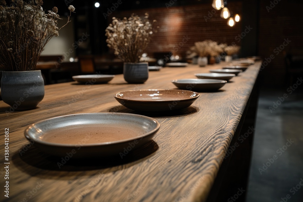 Fototapeta premium Long wooden table set with elegant plates, soft ambient lighting