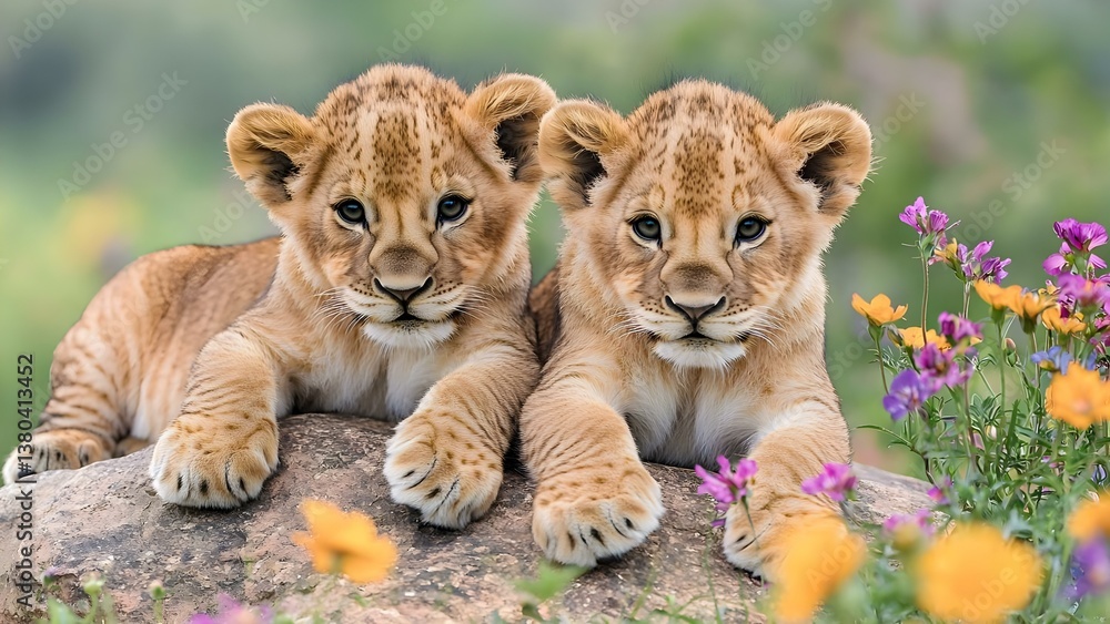 Two adorable lion cubs resting on a rock, surrounded by colorful flowers in a natural setting. Concept Lion Cubs, Natural Habitat, Colorful Flowers, Adorable Wildlife, Resting Animals Two adorable lion cubs resting on a rock, surrounded by colorful flowers in a natural setting. Concept Lion Cubs, Natural Habitat, Colorful Flowers, Adorable Wildlife, Resting Animals