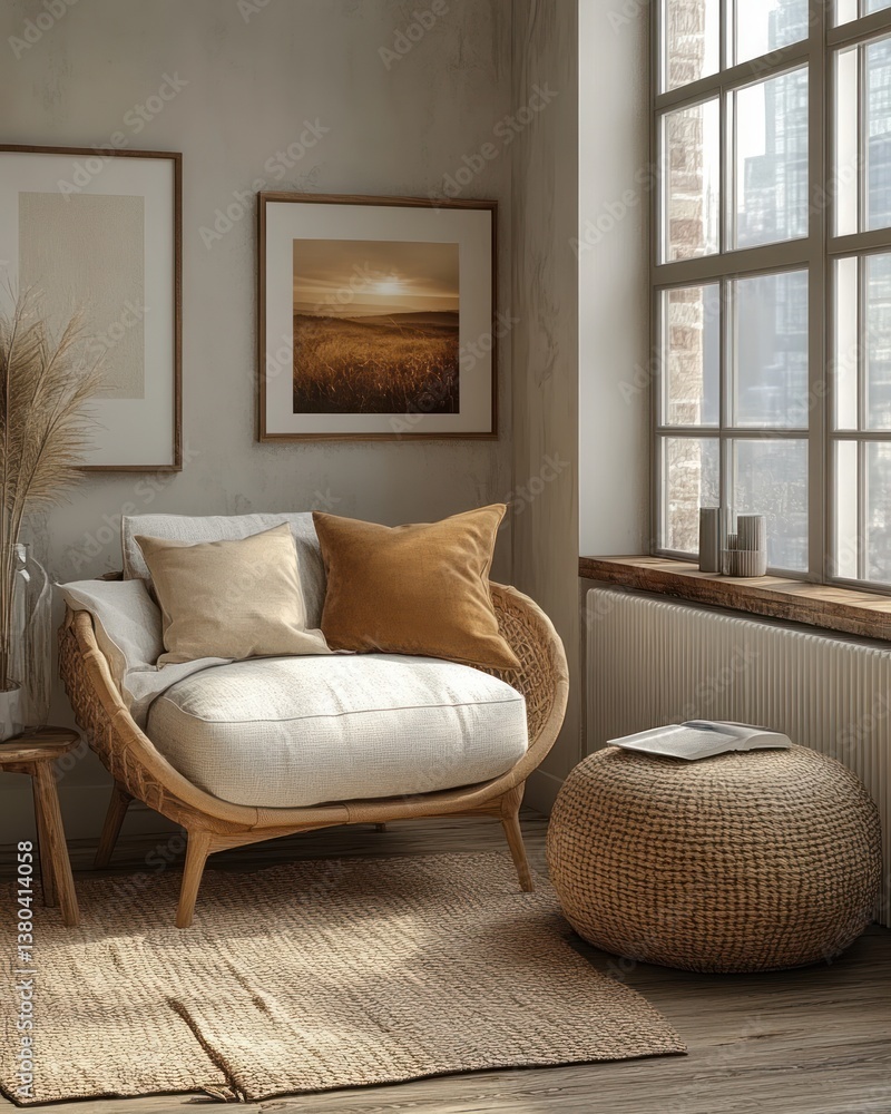 Fototapeta premium mock up poster frame in modern living room interior Scandinavian style 3D render minimalistic design