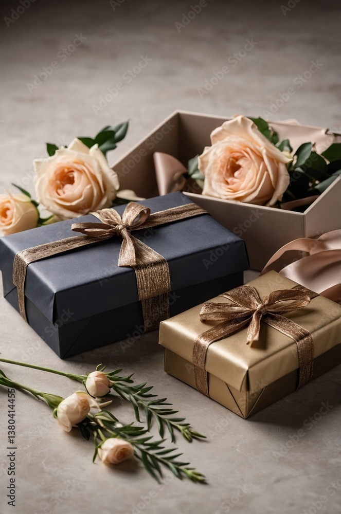 Elegant gift boxes with floral accents arranged on a textured surface for a special occasion Elegant gift boxes with floral accents arranged on a textured surface for a special occasion