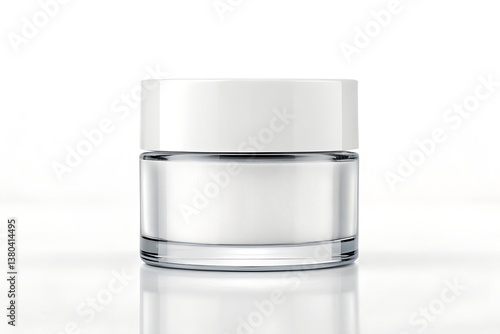 A blank glass cosmetic container with a white cap, isolated on a pure white background