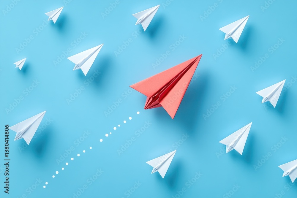 Economic Recovery and Growth Through Success and Development with Red Origami Paper Plane Leading White Planes in Blue Background Economic Recovery and Growth Through Success and Development with Red Origami Paper Plane Leading White Planes in Blue Background