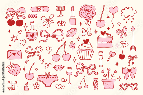 Set of hand drawn coquette elements for Valentines day, wedding invitation, birthday card. Cute girly bows, hearts, ribbons, cherry, cake, heart, strawberry. Vintage elegant vector illustration.